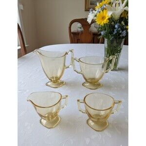 Fostoria Mayfair Topaz Cream & Sugar (2) Sets Yellow Depress Glass Art Deco VTG